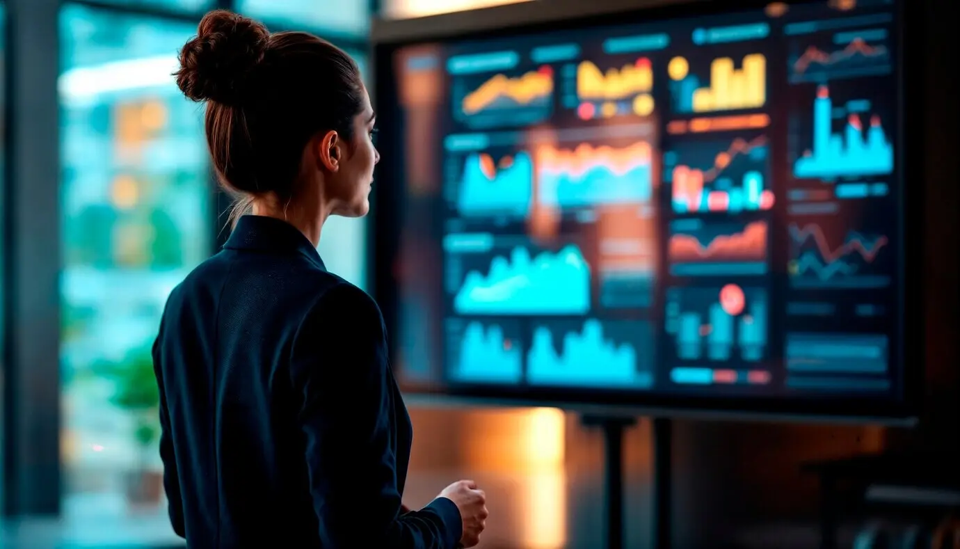 Женщина стоит перед экраном с графиками, показывающими графики графиков.